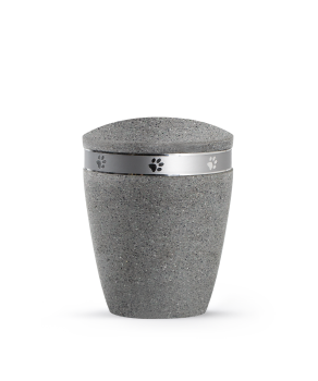 Horus Animal Urn Edition – Timeless stone look in concrete grey with silver paw print band, various sizes
